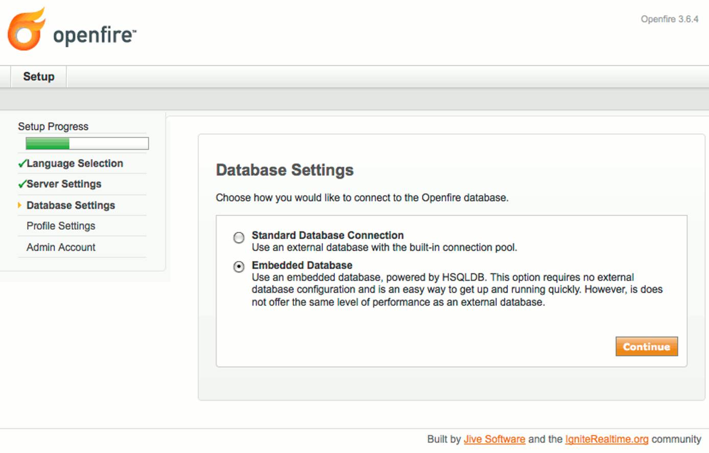 Database type selection in Openfire setup on Ubuntu 10.04 (Lucid). Database type selection in Openfire setup on Ubuntu 10.04 (Lucid).