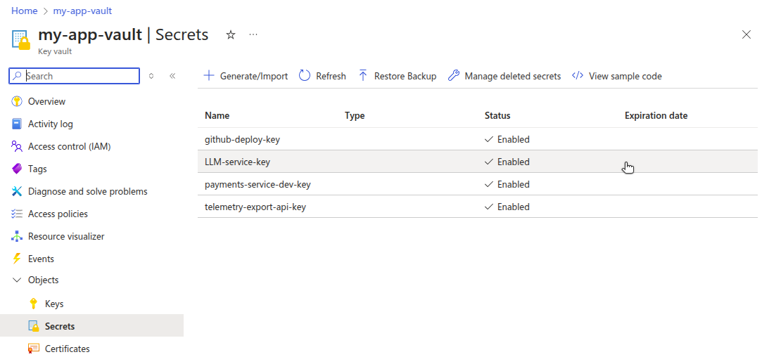 Azure Key Vault UI showing list of secrets.
