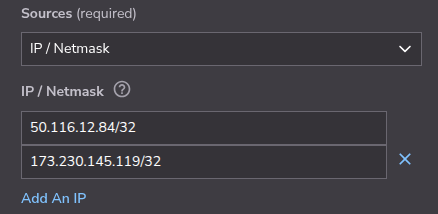 Cloud Manager UI for entering source IP addresses. Cloud Manager UI for entering source IP addresses.