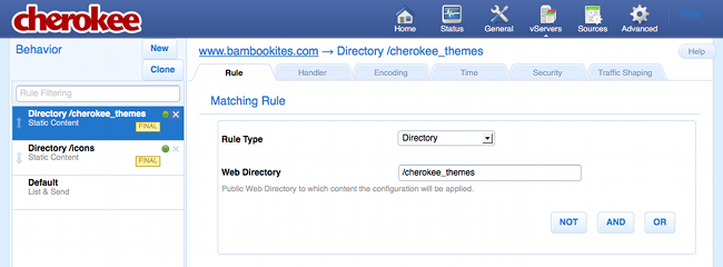 Deleting rules on the Rule tab of the vServers page of the Cherokee admin panel on Fedora 13. Deleting rules on the Rule tab of the vServers page of the Cherokee admin panel on Fedora 13.