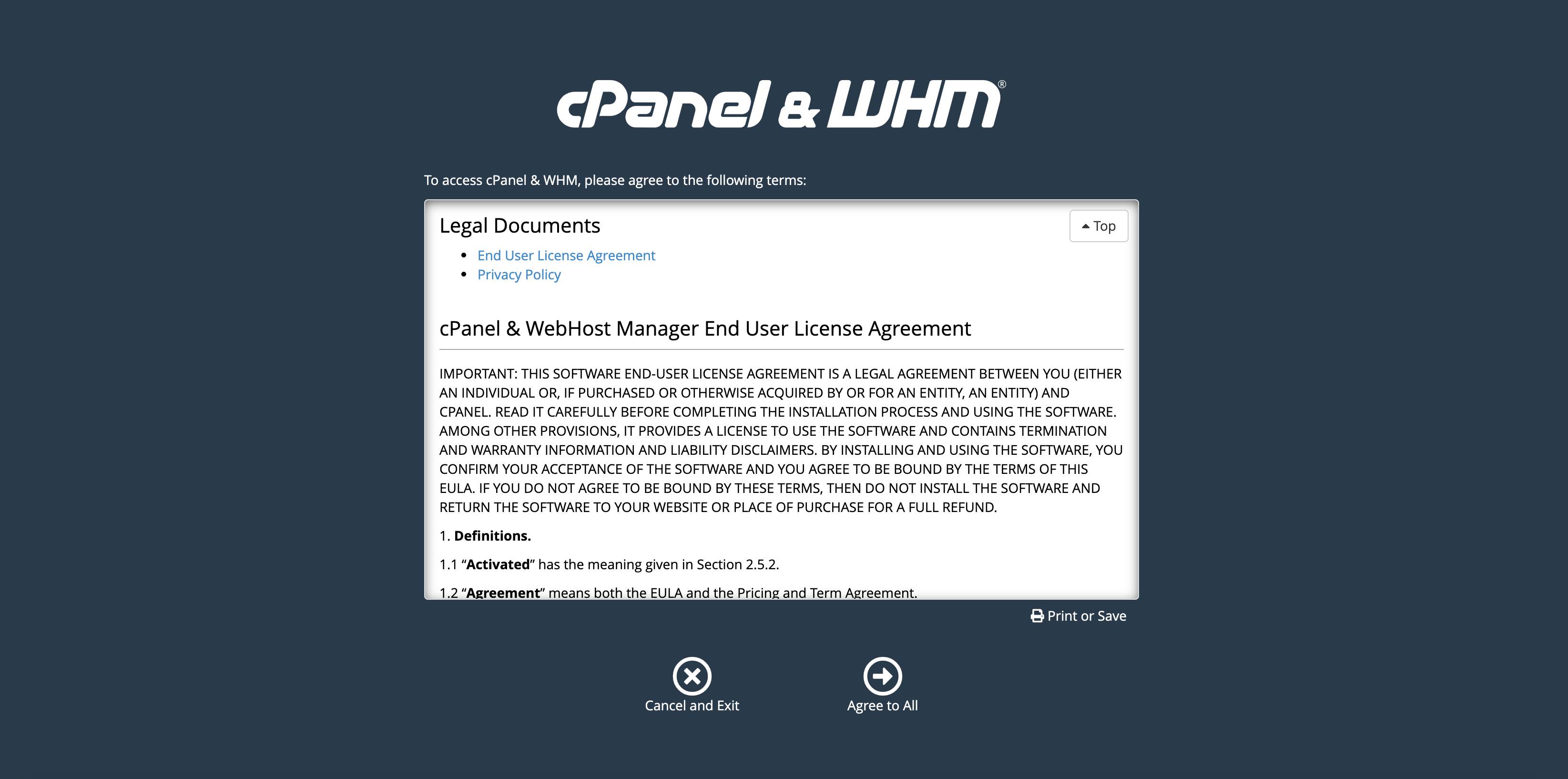 Agree to cPanel and WHMs terms Agree to cPanel and WHMs terms