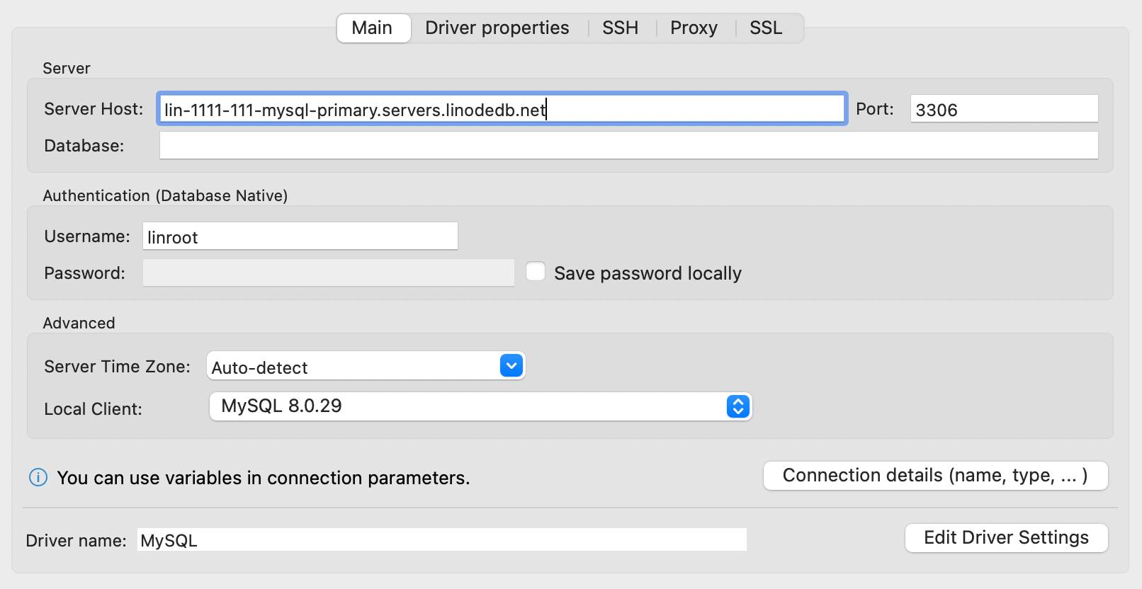 Screenshot of DBeavers MySQL connection settings. Screenshot of DBeavers MySQL connection settings.